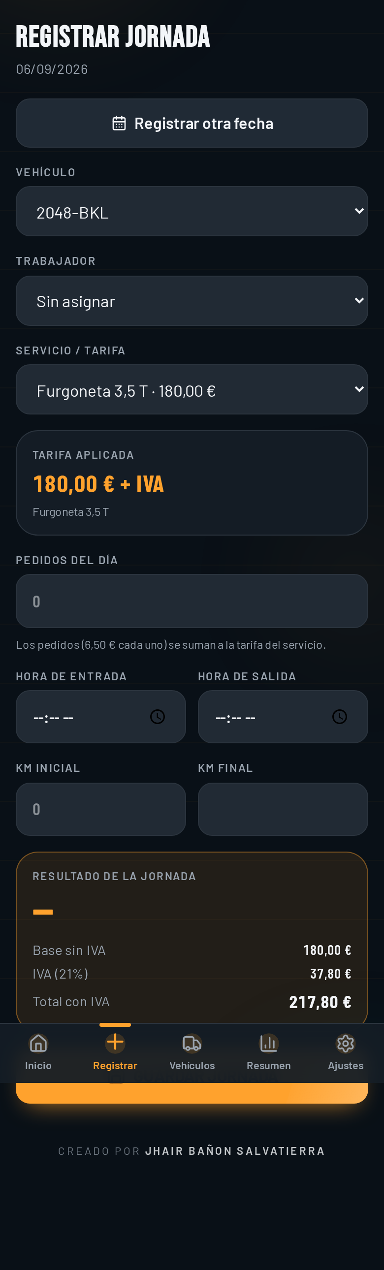 Formulario de registro de jornada